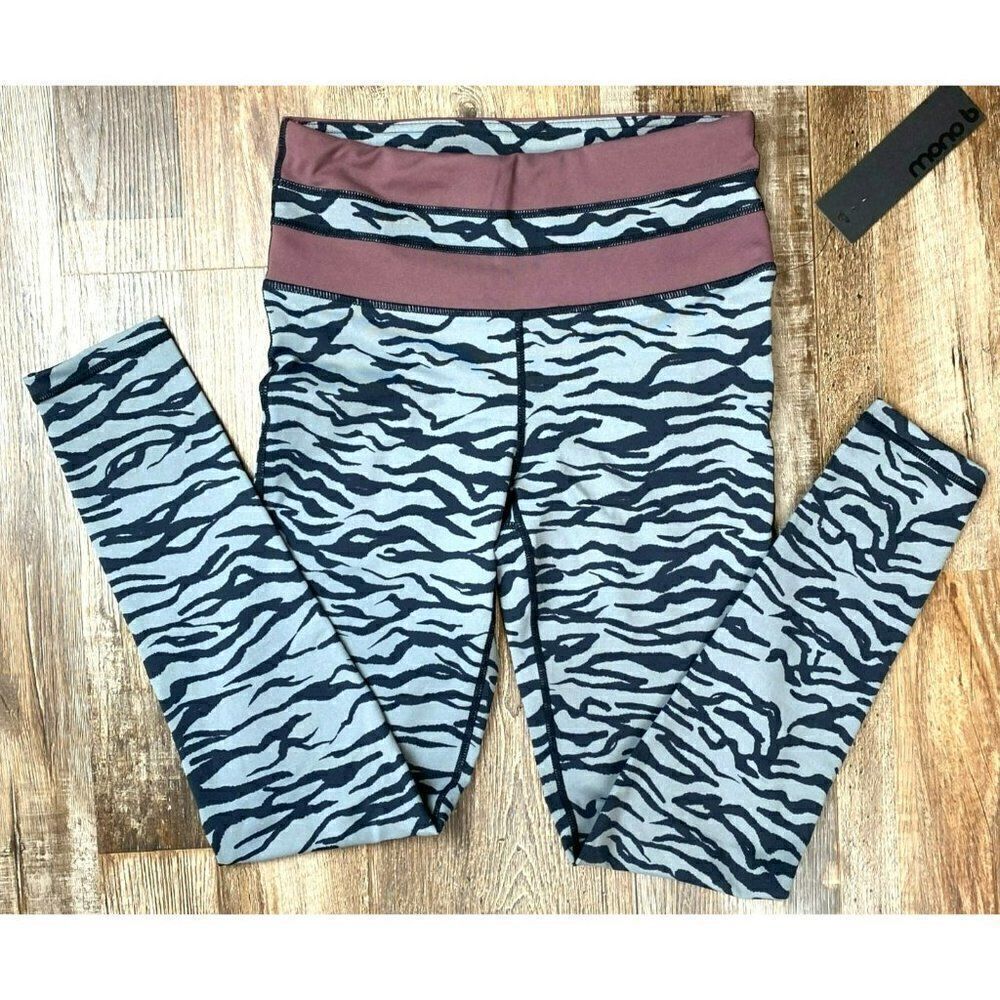 Mono B Grey Tiger Print Highwaist Leggings with Striped Band (S)